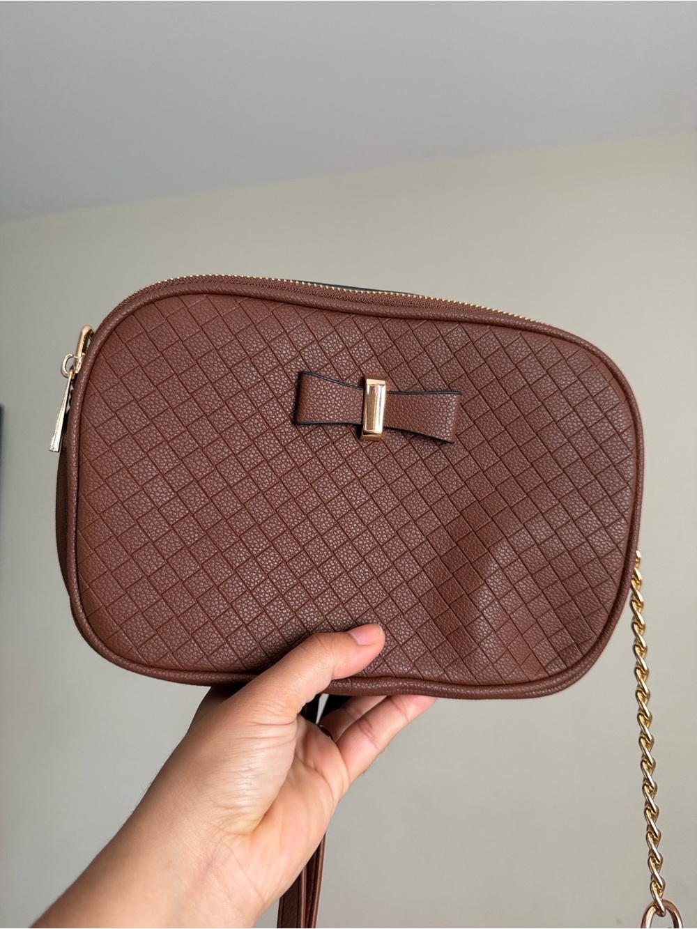 Brown Quilted Crossbody Bag with Bow Accent